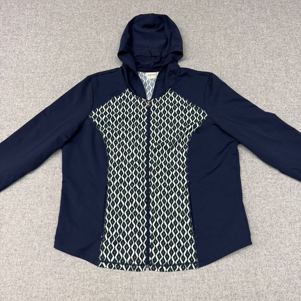 Zenergy by Chico's Full Zip Hoodie Size 3 Navy Blue Geometric Active Jacket